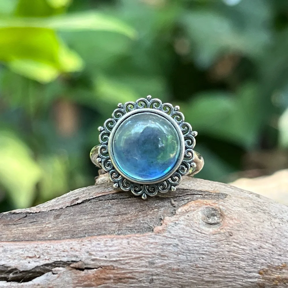 Sterling silver 925‎ stamped adjustable round aquamarine ring 0131